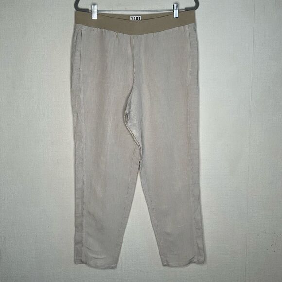 J Jill Linen‎ Blend Pull On Pants Womens Medium Tan White Stripe Tapered Neutral - Picture 1 of 12